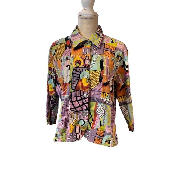 VTG 90s Mirror Image Large Surrealist multi color patterned Button Front jacket‎ - Picture 1 of 16